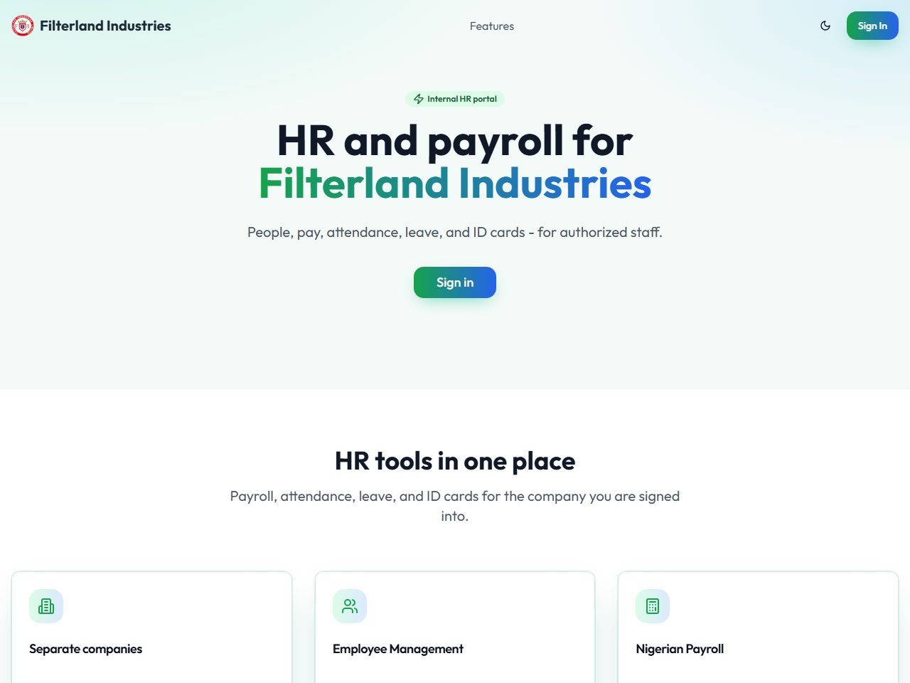 Filterland HR portal home page: HR and payroll for Filterland Industries
