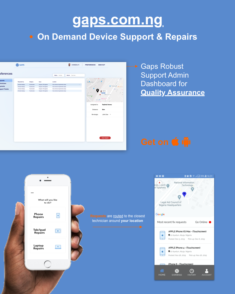 GAPS on-demand device repair app and admin dashboard