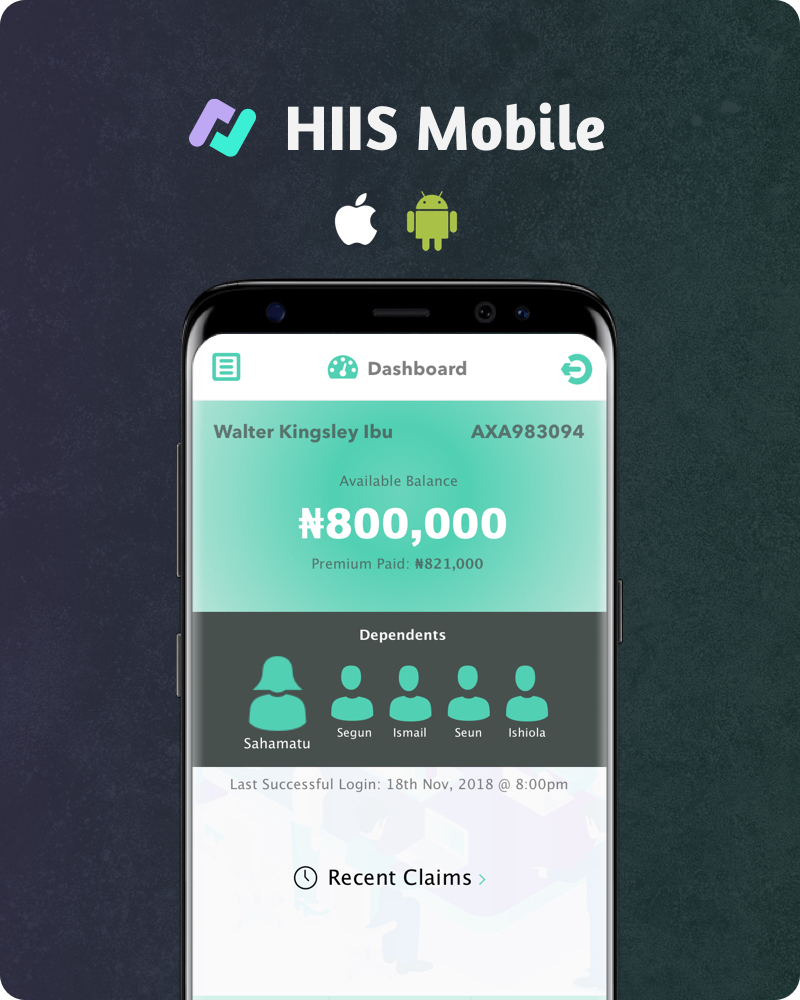 HIIS Mobile app dashboard showing balance, dependants and recent claims