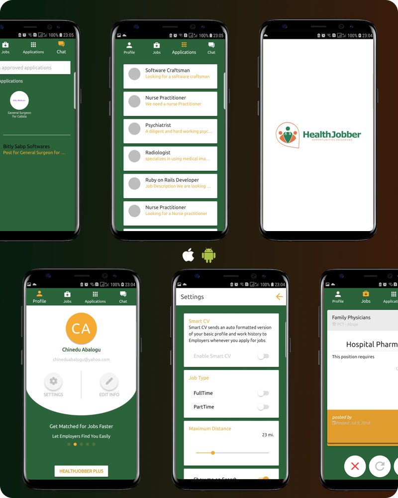 HealthJobber mobile app screens for jobs, applications, chat and settings